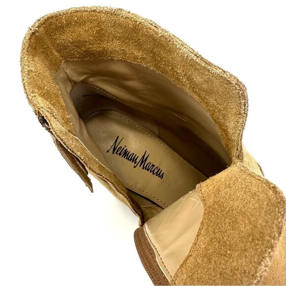 Neiman Marcus Avale Tan Ankle Boot Size 8 Suede Fringes Block High Heel Bootie - Picture 5 of 15